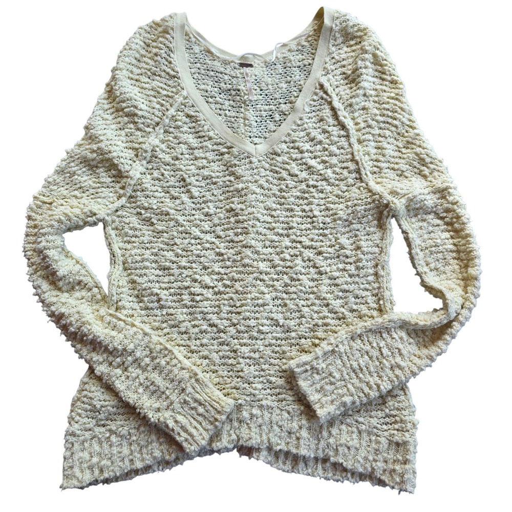 Free People Womens Ivory Crochet Knit V-Neck Pullover Sweater Size XS‎